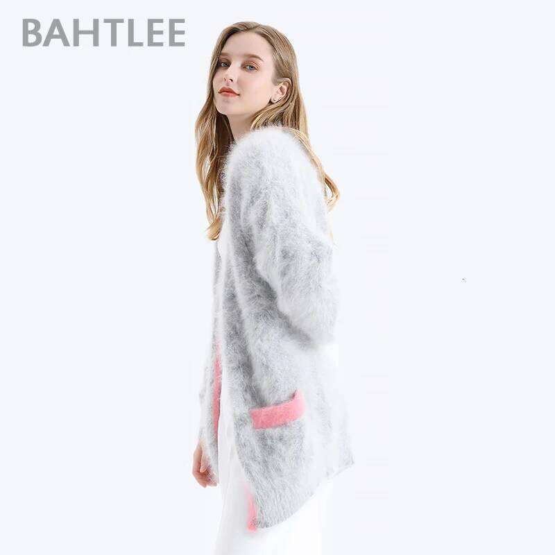BAHTLEE-Knitted Cardigans for Women, Sweater with Pocket, Wool Angora Coat, Long Sleeves, V-Neck, Patchwork, Winter