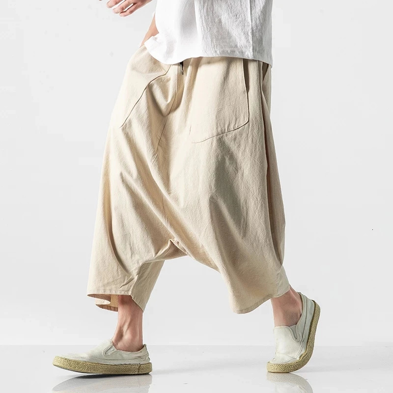 Summer Men Plus Size Casual Harem Pants Vintage Loose Cotton Linen Wide Leg Pants Men Elastic Waist Pantalones Trousers 250614