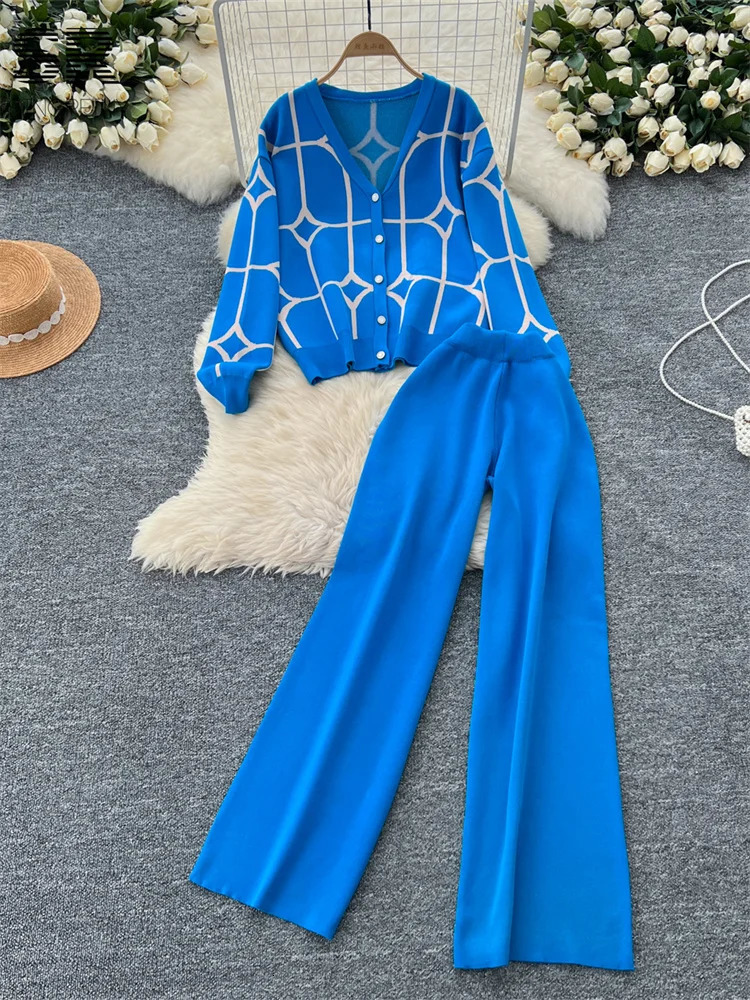 SINGREINY Basics Print Knit Two Pieces Sets Autumn Winter Single Breasted CardiganWide Leg Long Pants Fashion Streetwear Suits 250616