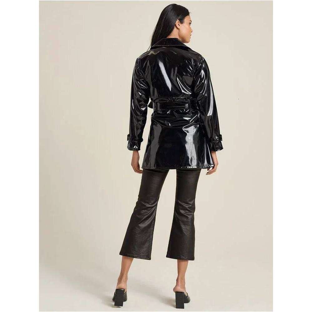 Women Shiny Faux Leather Jacket Overcoat Ladies Solid Color Glossy PU Waterproof Trench Coat With Belt Sexy Gothic Casual Custom