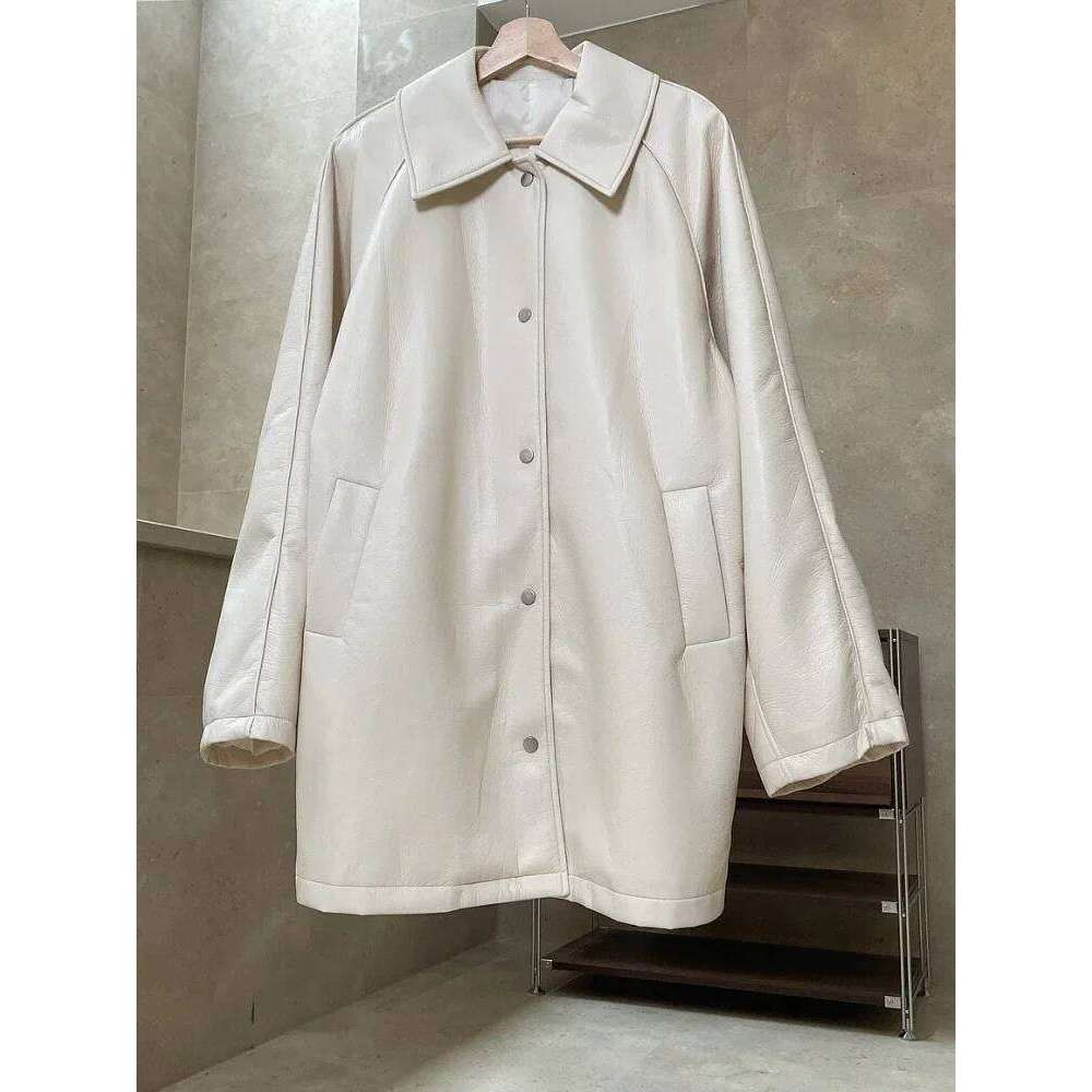 White PU Trench Coat for Women Spring Autumn 2025 Trend Simple Loose Casual Windbreaker Leather Jacket