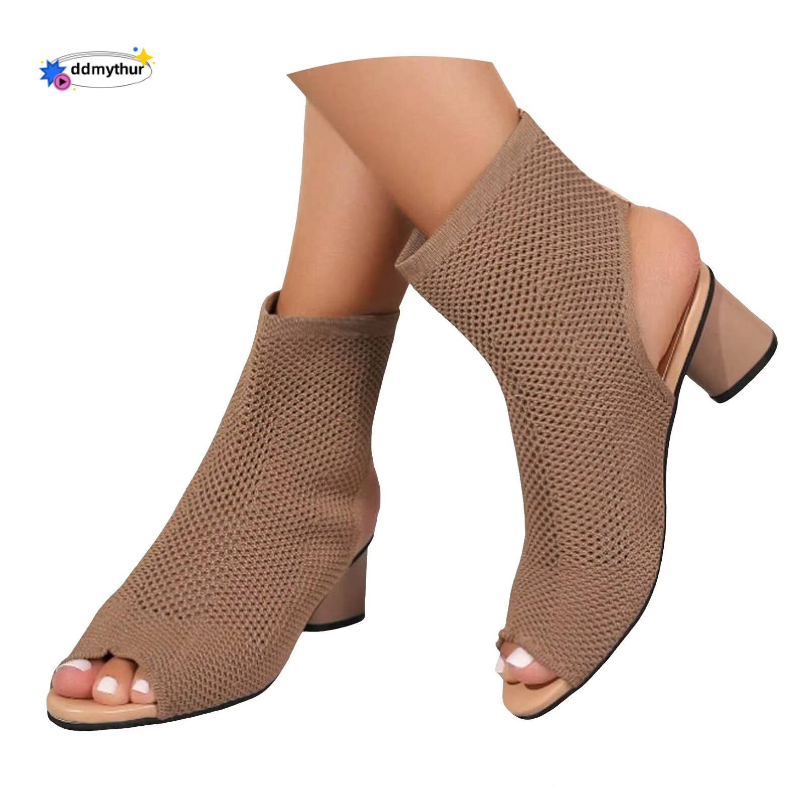 Summer Casual Slip On Ankle Boots Sexy Womens High Heels Shoes Knit Chunky Heel Open Pointed Toe Slingback Heeled Sandals ddmythur