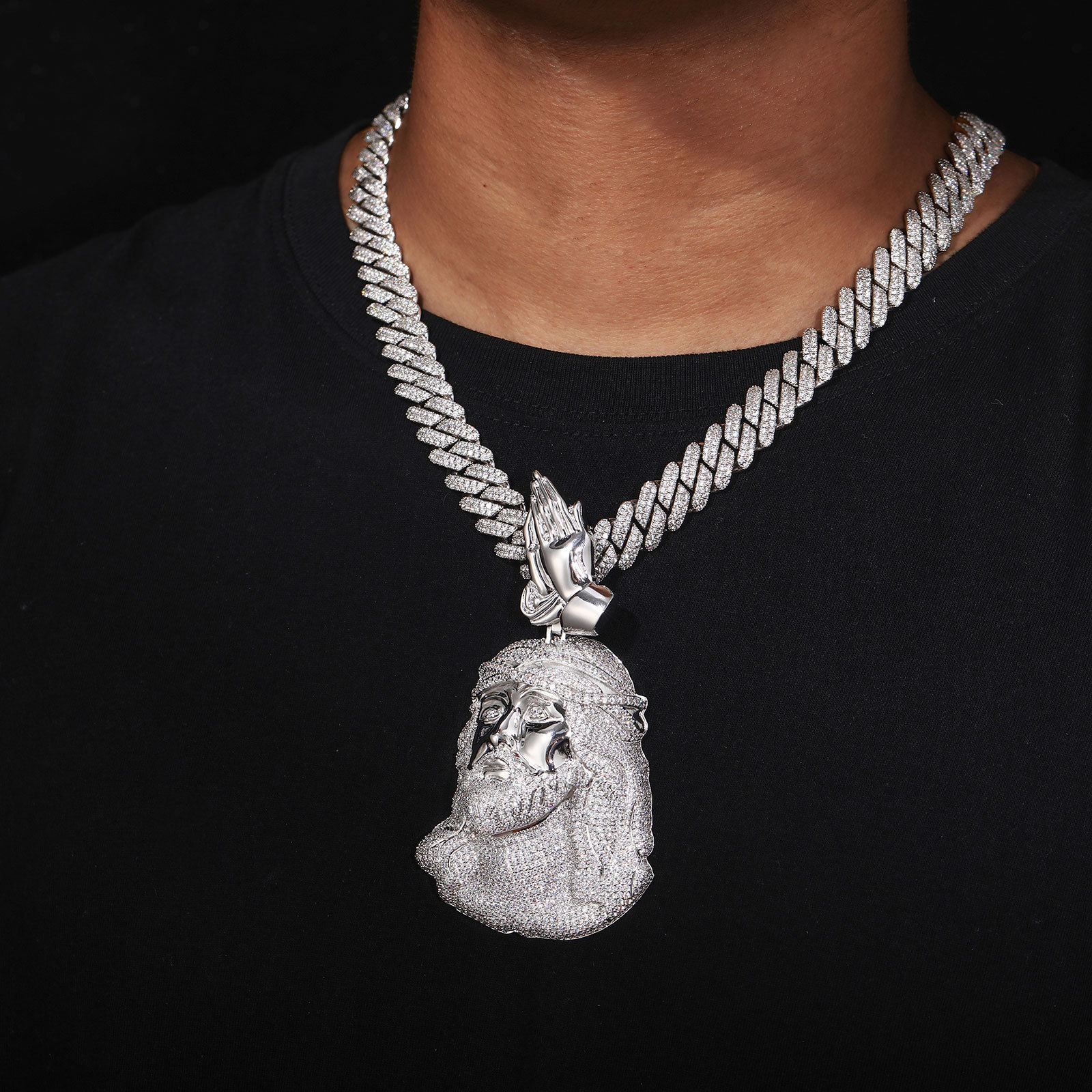 Hip Hop Praying Hands Jesus Face Pendant Necklace 5A Zircon Religious Jewelry