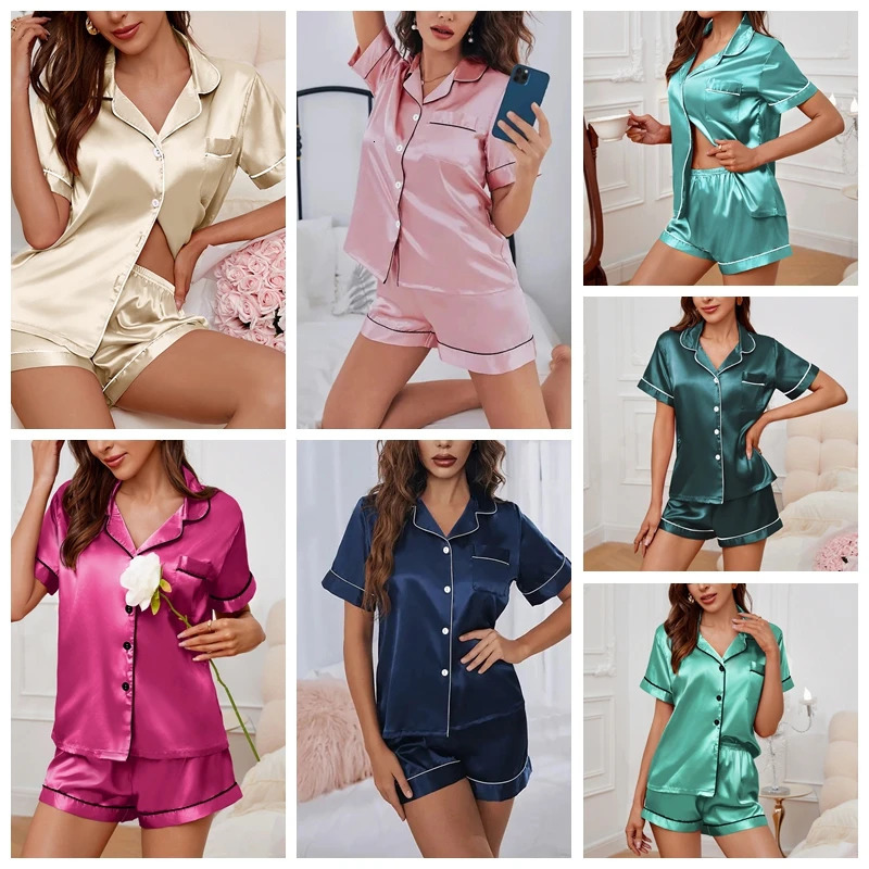 Luxurious Satin Pajama for Women Sleepwear Summer Short Sleeve Tops with Button-Up Lapel Collar Shorts Pyjama Femme Lounge Set 250616