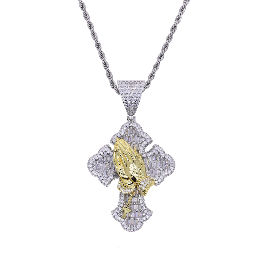 sdzstone 2025 NEW fashion Iced Out Bling Cross Pendant Necklace Praying Hands Pendant Charm For Man Woman Jewelry