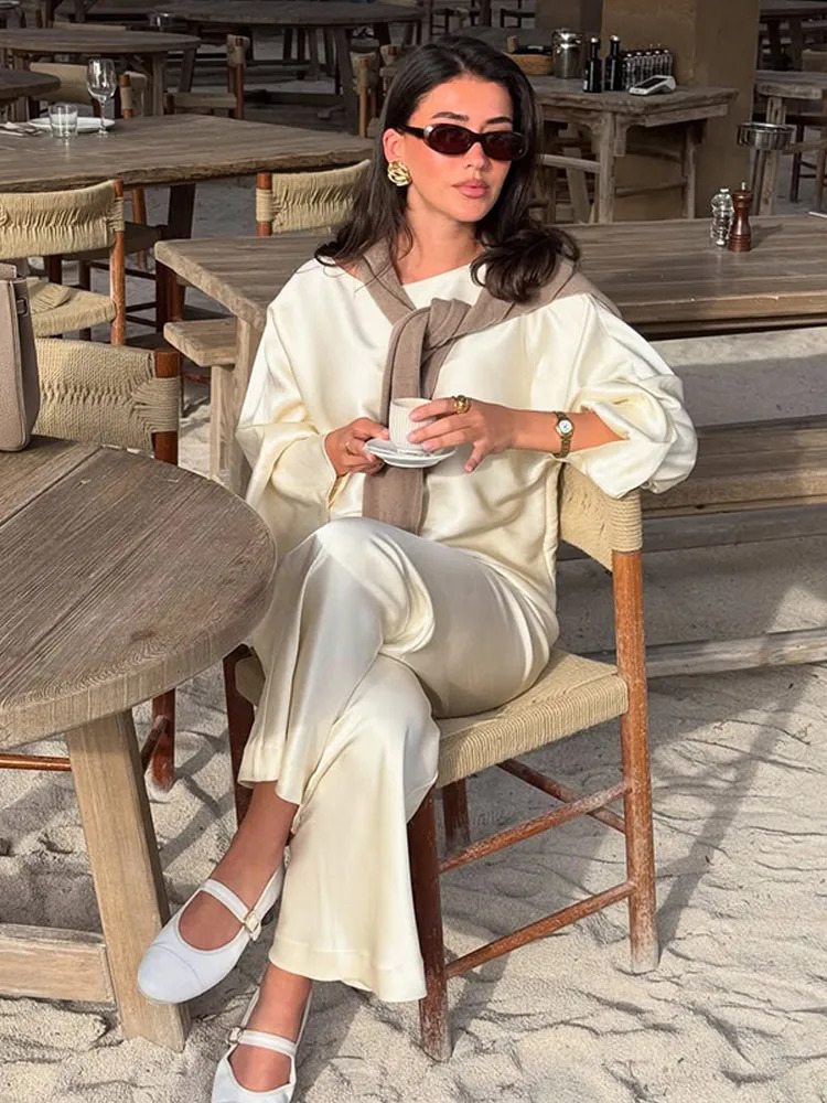 White Satin Long Pants Suit Women Elegant Full Sleeve Round Neck High Waist Loose 2-piece Set 2025 Summer Fashion Lady Wear 250616