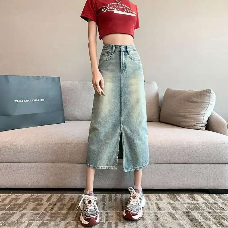 Female Jeans Skirts Korean Style Aesthetic Premium Quality Stylish Y2k Vintage Modest Cheap High Waist Midi Womens Denim Skirt