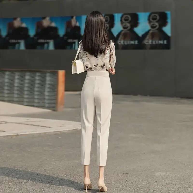 Clothing Solid Trousers Woman Tailoring Womens Pants Work Buttons High Waist Harem Office Classic Chic and Elegant All Medium G