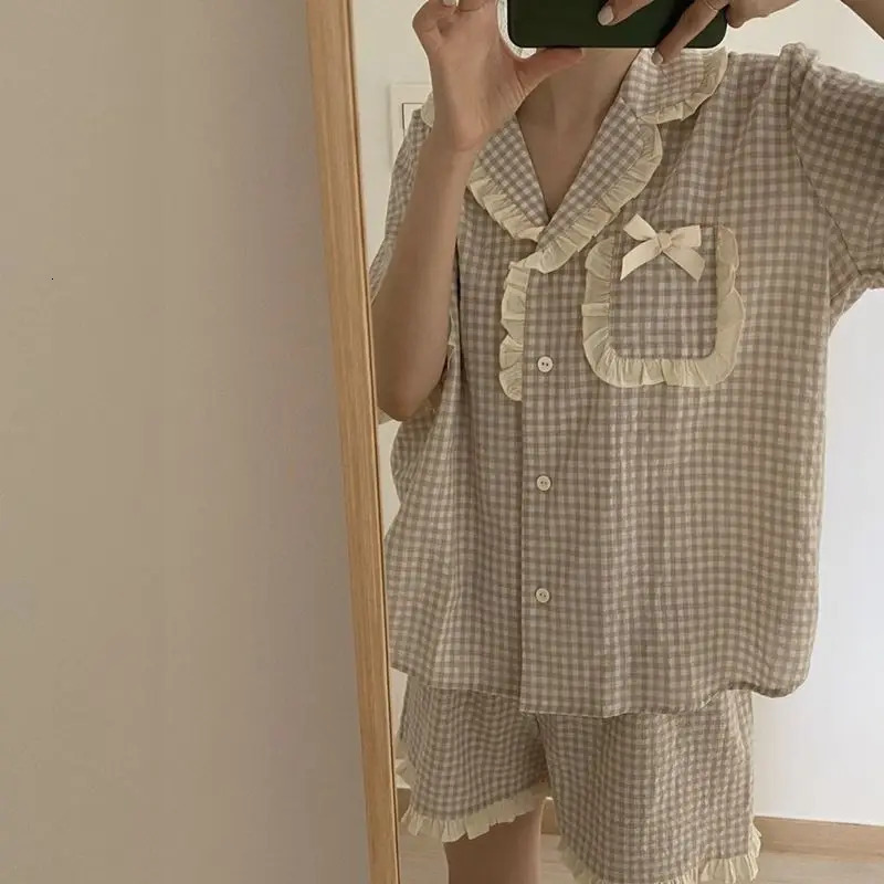 Korean Pajama for Women Summer Loungewear Sleepwear Sets Girls Sweet Plaid Lapel Pyjama Kawaii Ruffle Pijama Japanese Home Suit 250616