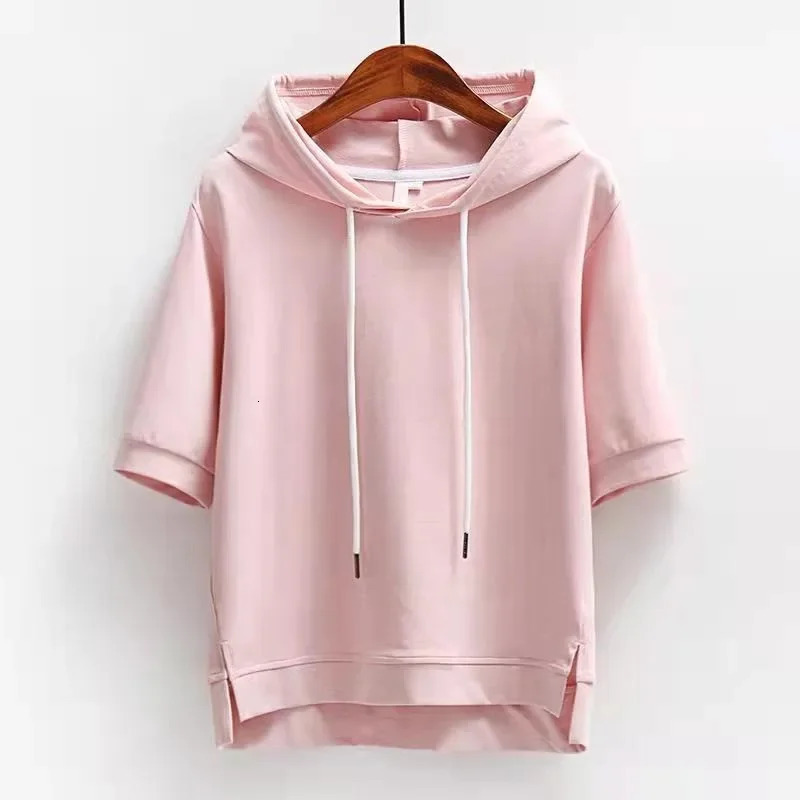 Autumn Solid Color Hooded Versatile Womens Top Summer Short Sleeved Sweatshirts Female Y2k Outdoor Casual Pullovers Hoodies 250612