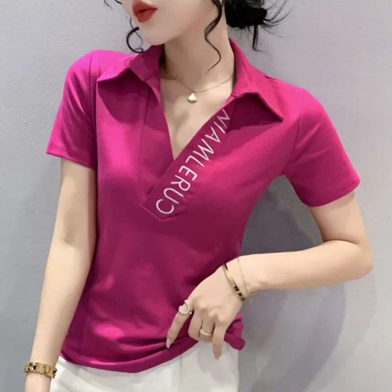 Polo Neck Shirt for Women Embroidery Baggy Plain Woman T Casual Tops Korean Clothing Luxury Basic High Quality Synthetic New
