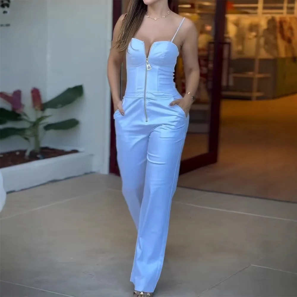 Womens Fashionable High-waist Jumpsuit Office Sexy Zipper Jumpsuit Summer Casual Commuting Solid Color Long Suspender Jumpsuit 250616