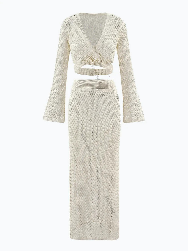 Sexy Knit Cut Out Two Piece Swimsuit Cover Up 2025 Summer Women Bell Sleeve Waist Tie Up Top Long Skirt Set Club Beach Dress K41 250616
