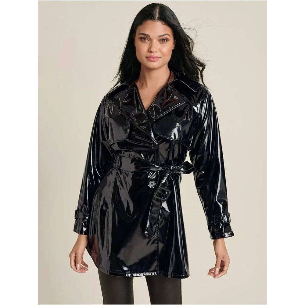 Women Shiny Faux Leather Jacket Overcoat Ladies Solid Color Glossy PU Waterproof Trench Coat With Belt Sexy Gothic Casual Custom