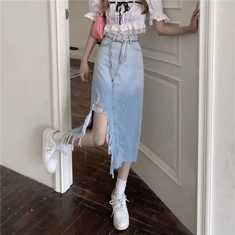Woman Denim Skirt Wrap Midi Tight Vintage Chic and Elegant Stylish Korean Fashion Summer 2025 Modest Y2k Jeans Skirts for Women