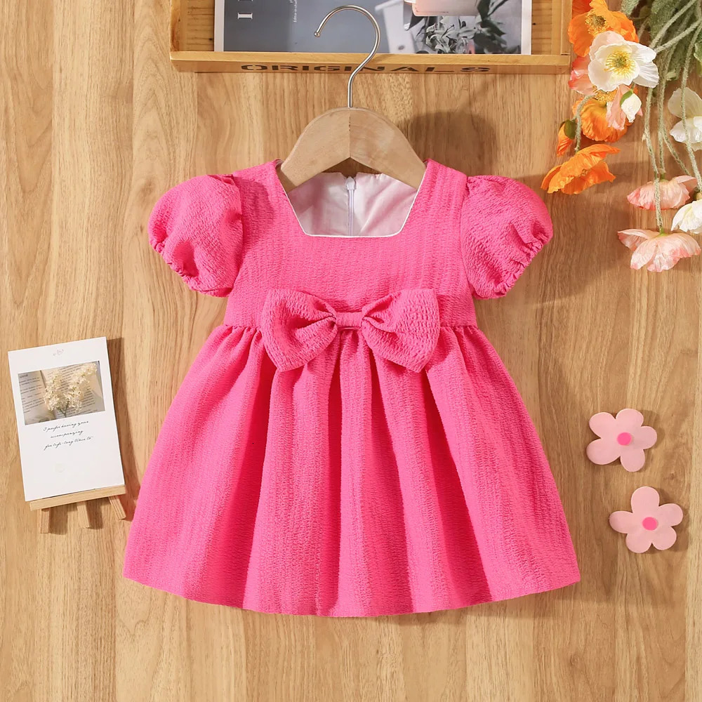 Summer Baby GirlS Dress Solid Color Round Neck Bow For Ladies Daily Wear Knee Length 250617