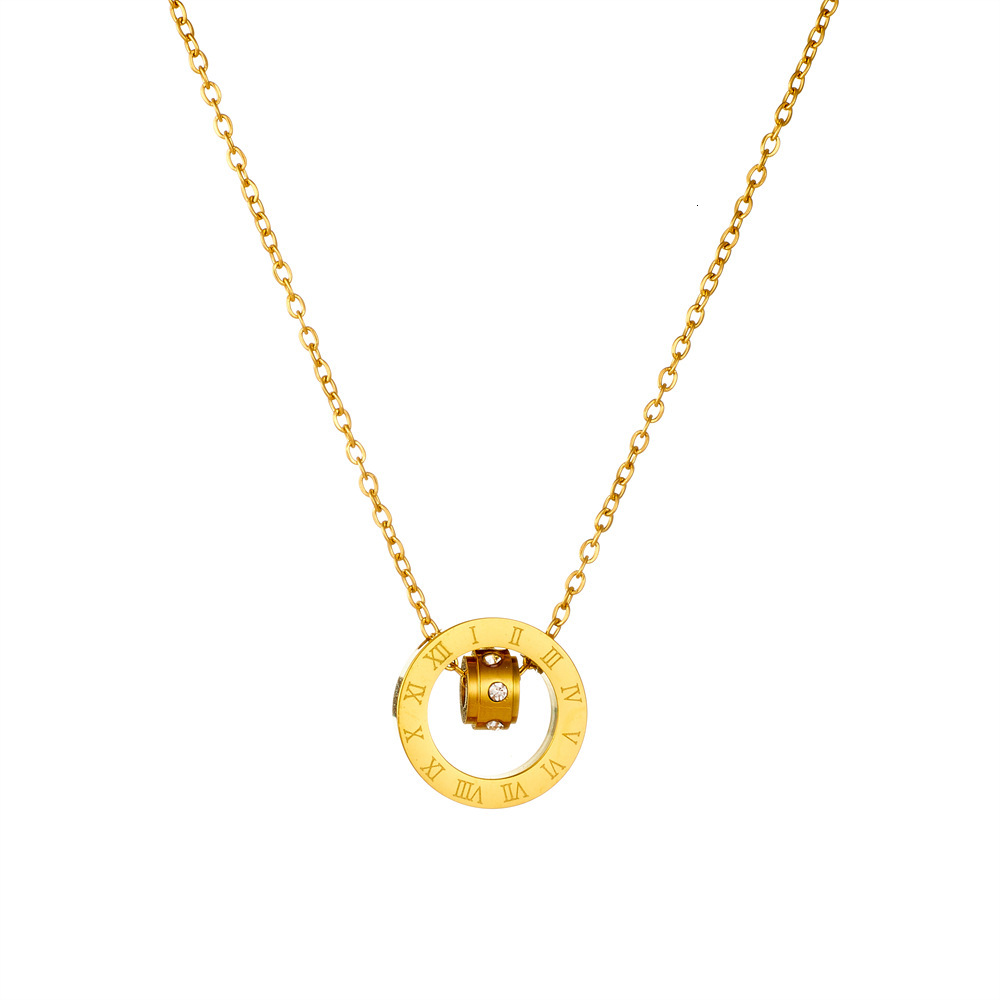 Fashion Personality Double Ring Roman Numeral Dia-Studded Necklace for Women, Titanium Steel Niche Versatile Non-Fading Jewelry