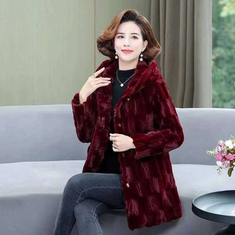 New Mother's Winter High-End Imitation Fur Middle-Aged And Elderly Women's Hooded Thicke Mink Veet Coat