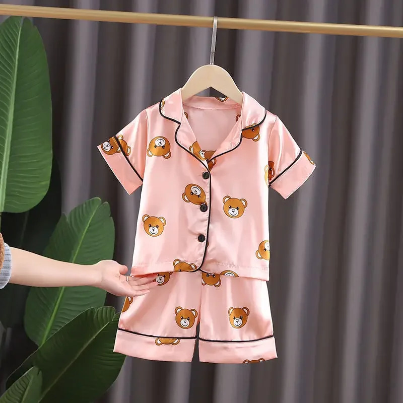 Boys Girls Kids Pajama Sets Cartoon bear short Sleeve Shirt Tops Pants Set Toddler Baby Sleeping Clothes Pijamas Sleepwear 250617