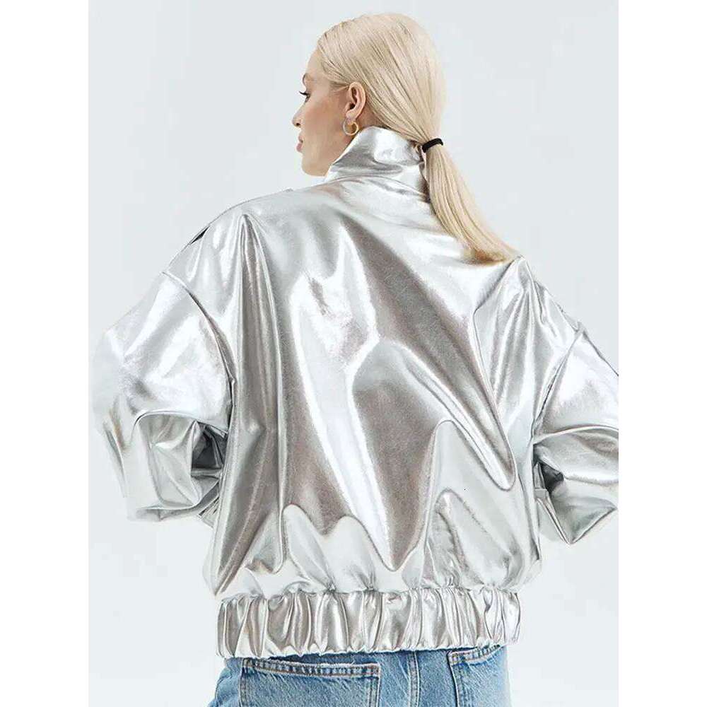 Glossy Jackets Women Casual Loose Lapel Zipper Fashion Coats Female 2024 Autumn Winter Long Sleeves Solid Street Outwears Lady