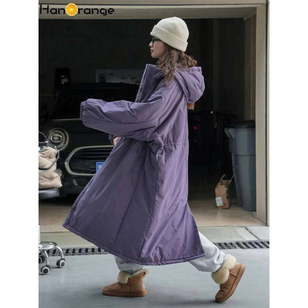 HanOrange 2024 Winter Casual Lazy Hooded Cotton-Padded Women Parkas Loose Fit Warm Zipper Long Coat Purple/Black