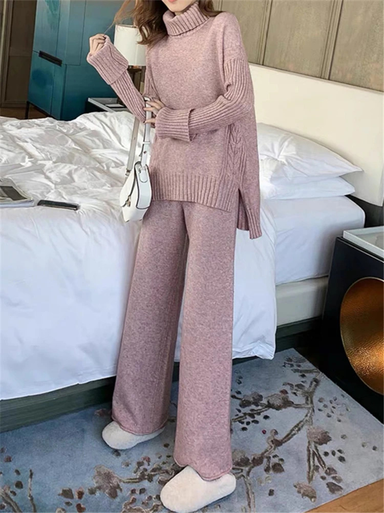 Autumn Winter 2 Pieces Women Sets Knitted Tracksuit Turtleneck Sweater and Wide Leg Jogging Pant Pullover Suits 250616
