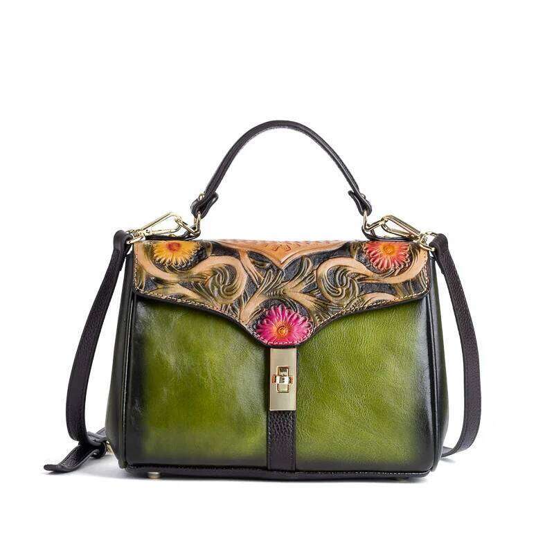 Vintage Genuine Handbag Woman First Layer Cow Leather Tote Bags 3D Floral Ladies Cowhide Shoulder Or Messenger Bag