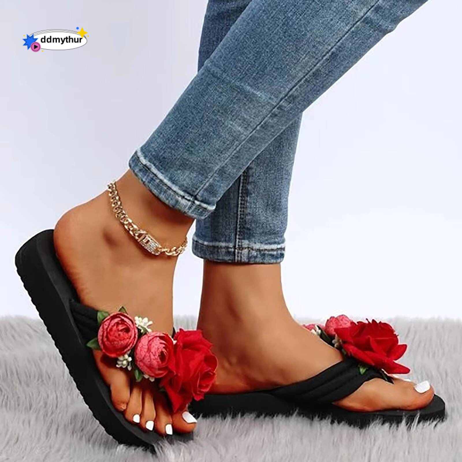 Open Toe Flowers Slippers For Women Ladies Summer Flip Flops Bohemian Casual Shoes Womens Rose Decoration Sandals ddmythur