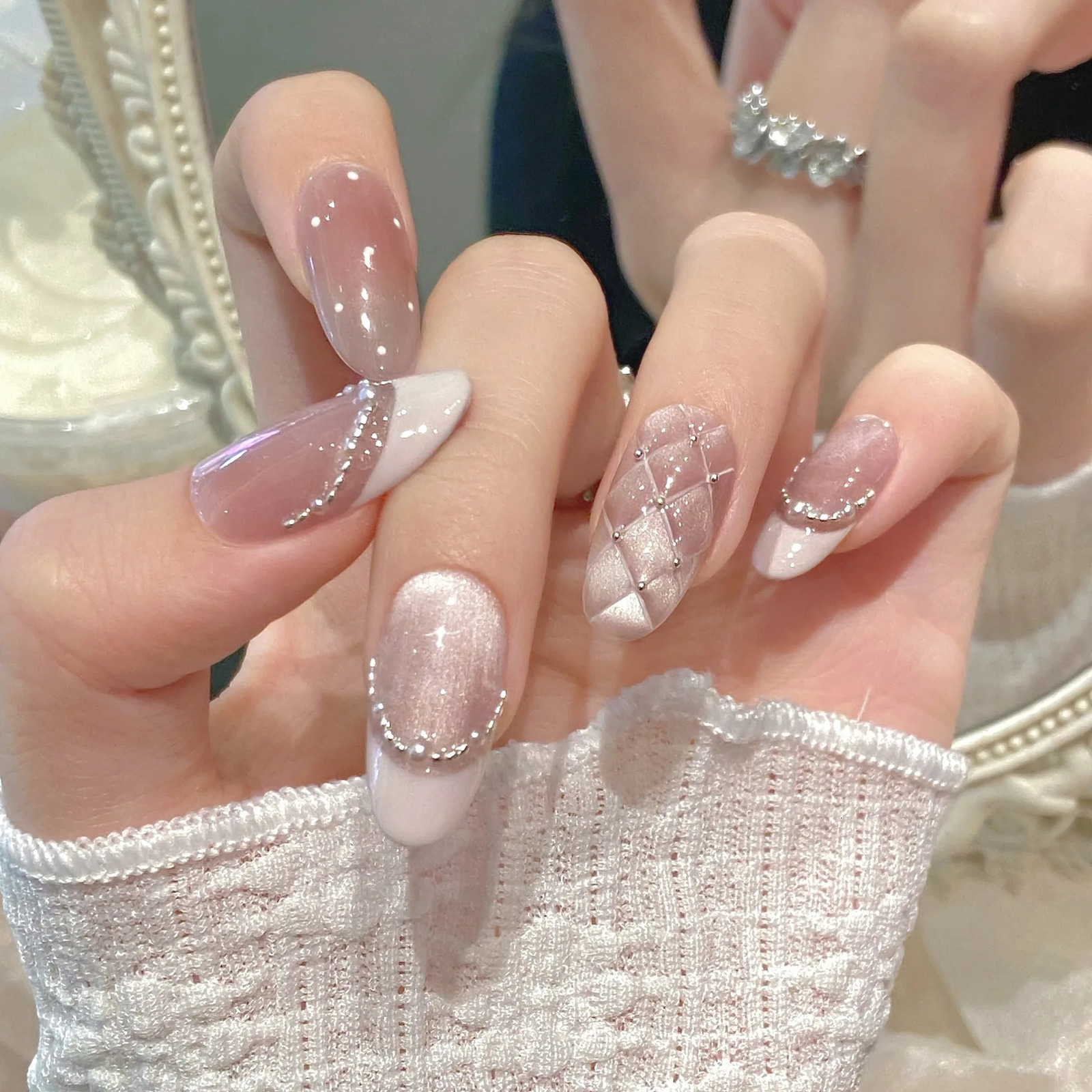 10pcs Handmade Press on Nails Diamond French Pearl Powder Cats Eye Bow False Nail for Women Girl Removable Wearable Nail Art 250612