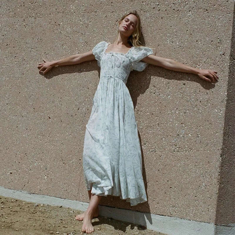 Women Dresses Wedding Guest Dress for Women Summer Dress N709 Summer 2025 Floral Cotton Short Sleeve Square Neck Loose French Vacation Mid-length Dres