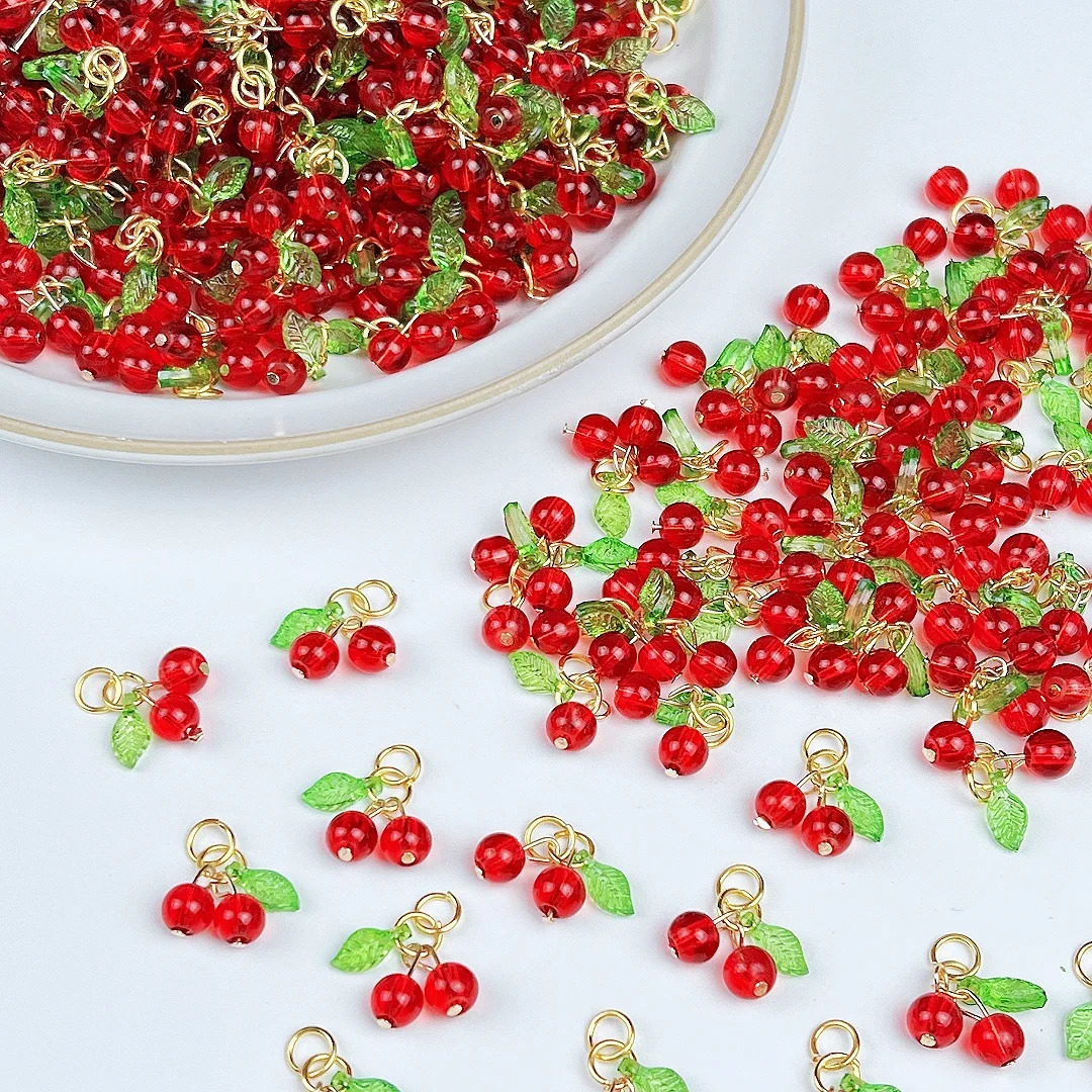 10Pcs Glass 3D Red Cherry Acrylic Charms Fruit Earrings Pendants for DIY Necklaces Keychains Jewelry Making Accessories 250609