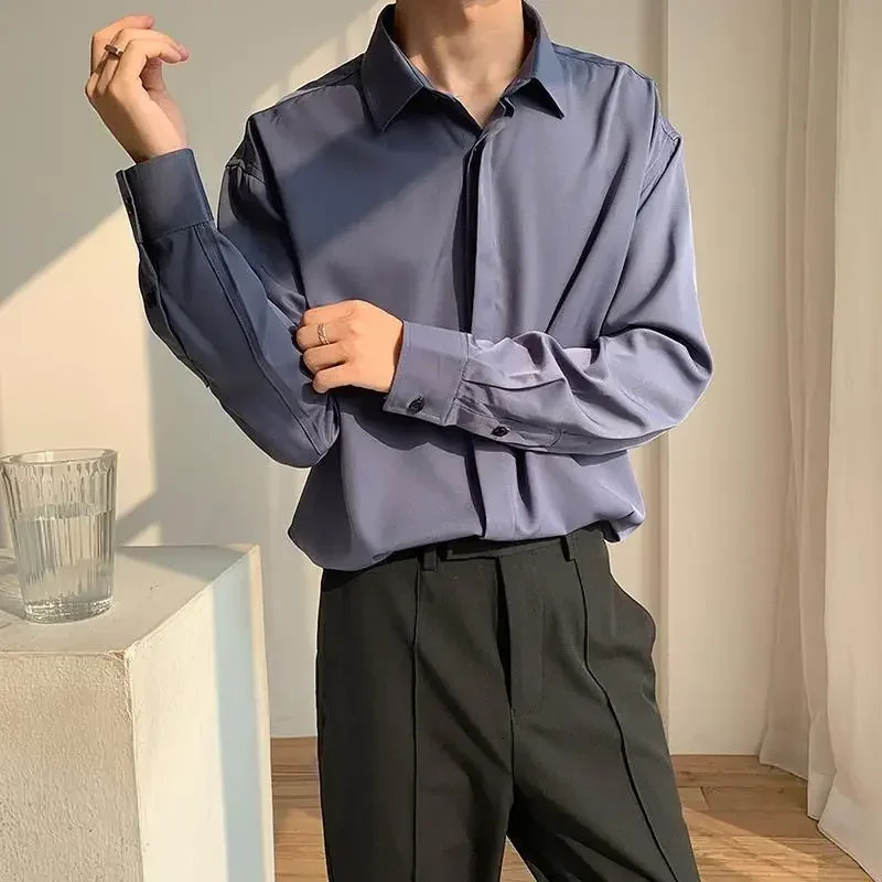 Male Shirts Plain White Ice Silk Korean Clothes Mens Shirt With Sleeves Button Up Trend I Sale Style Cool Casual Xxl 250616
