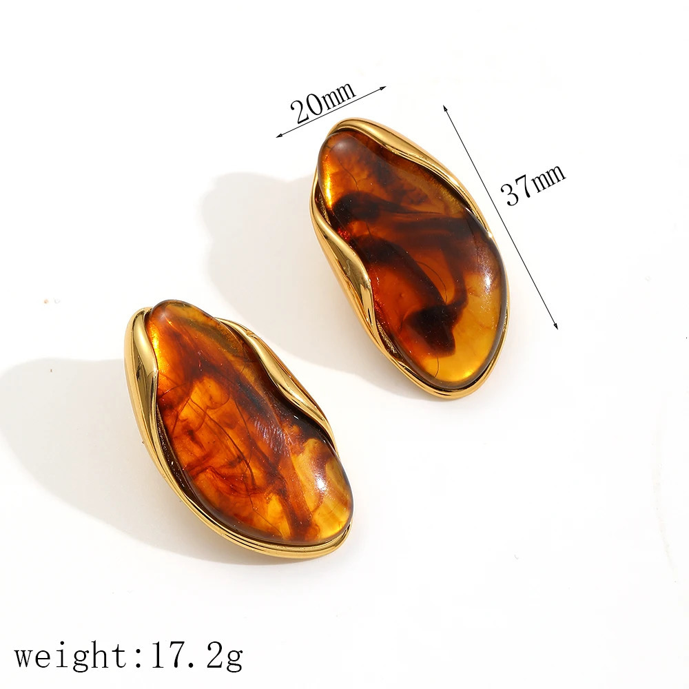 Brown Resin Geometric Shape Earrings Stainless Steel 18k Gold-plated Ear Studs for Women 250610