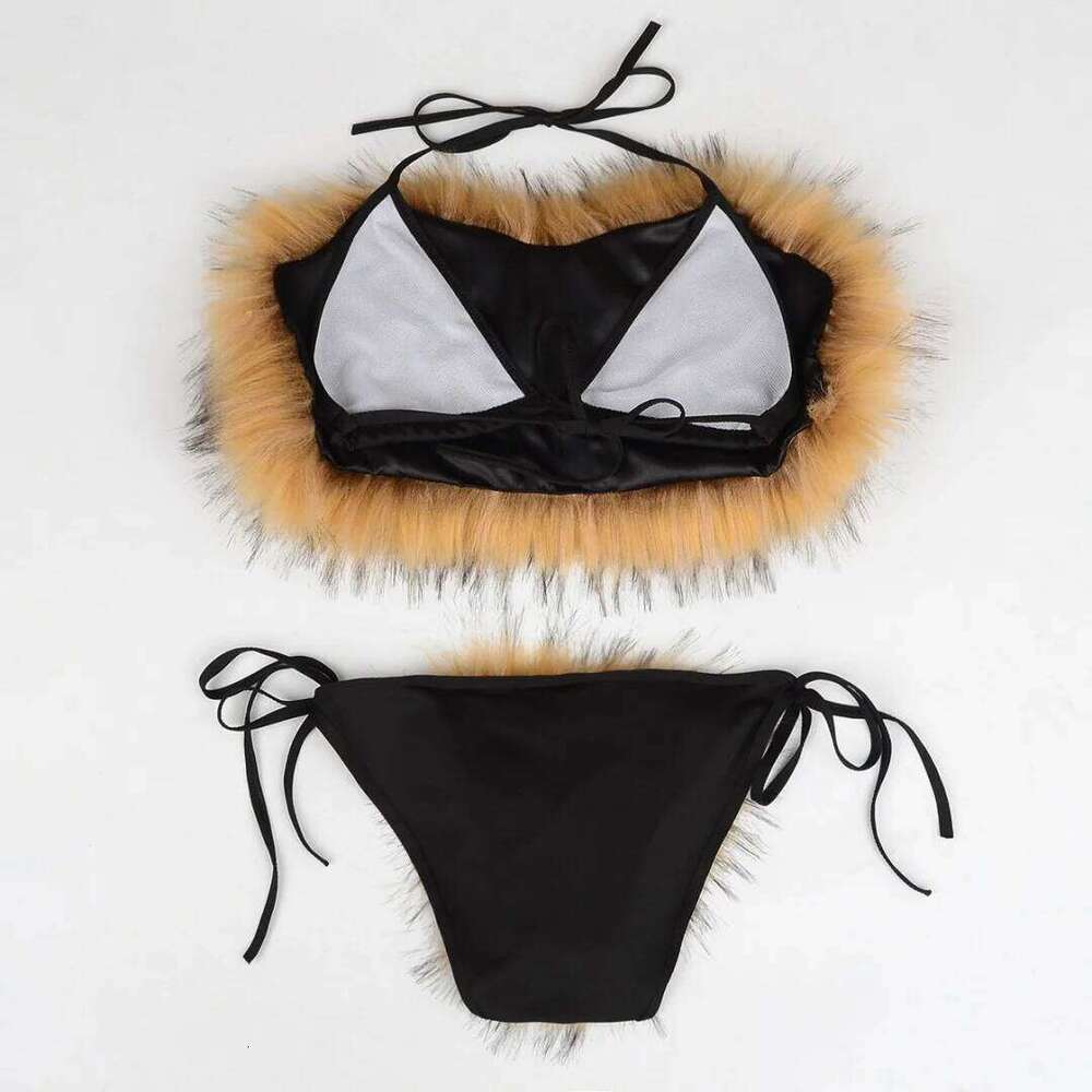 High Waist Swimsuit Sexy Thong Bikini Women Real Raccoon Fox Fur Two Piece Swimsuits Brazilian Bathing Suit