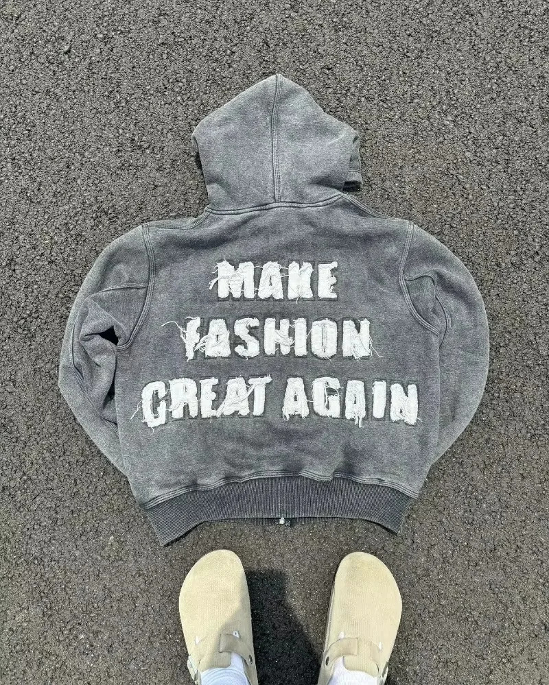 Y2K Fashion Old Washed Letter Patch Zipper Hoodie Men Vintage Punk Rock Casual Joker Couple Sweatshirt Clothing 250616
