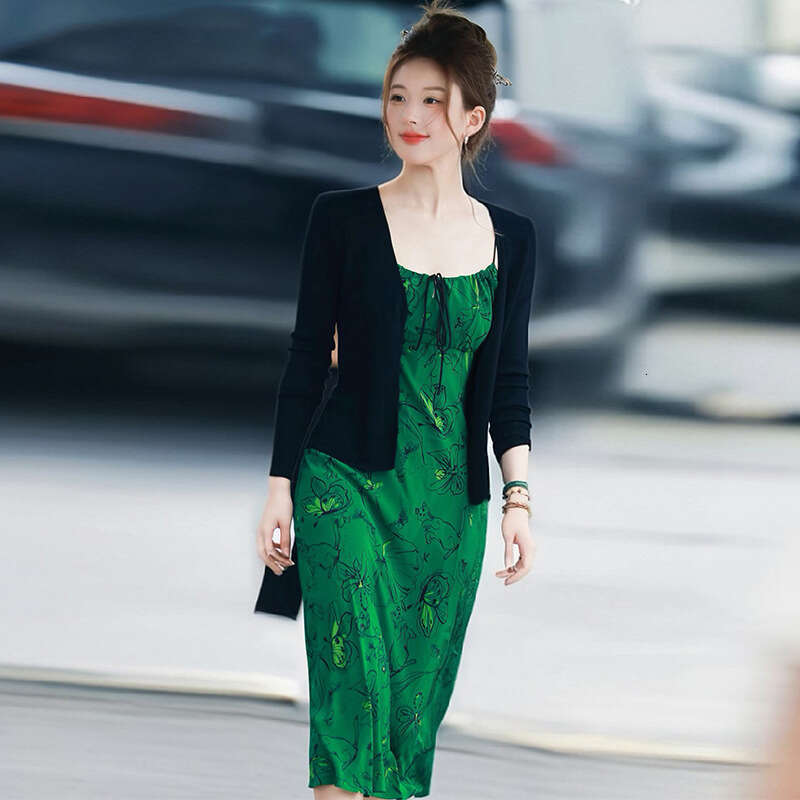 Maxi Dress Bodysuit Skirt Dress Festival Wedding Guest Dress for Women 762 Zhao Lusi Celebrity Style Green Ballet Girl and Butterfly Print Silk Slip D
