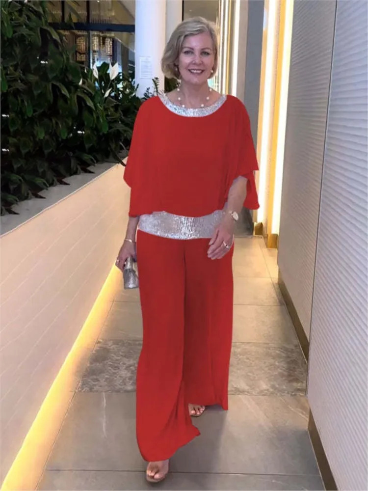Fashion Sequin Splicing Chiffon Shirt Womens Bat Short Sleeved Suit Summer Wide Leg Pants Elegant Female Office 2 Piece Set 250616
