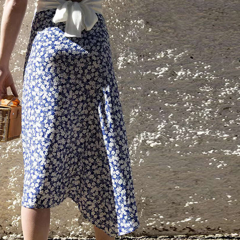 Dress Designer Dresses for Woman Designer Women Designer Clothing Spring and Autumn New Blue Floral Silk Skirt Casual Irregular Design French Vacation