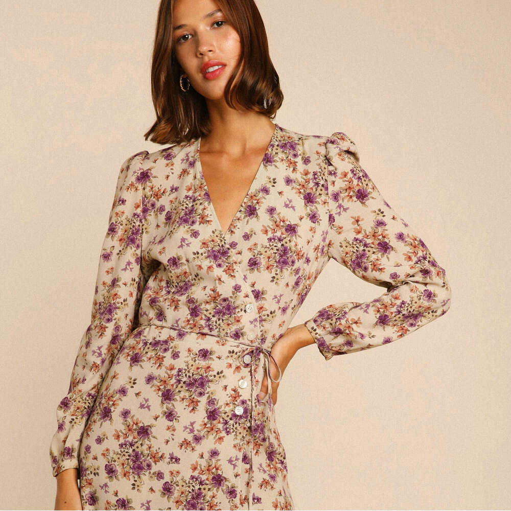Festival Robe Dress Birthday Dress 515 Autumn New 2025 Printed V-neck Long Sleeve Mid-length French Tea Dress Womens Fashion