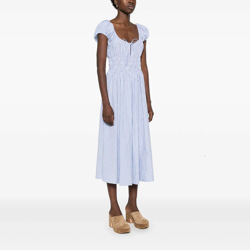 Vestidos Elegantes Beach Dress Skirt 710 New 2025 Blue Striped Square Neck Pure Cotton Vacation Waist-cinching Mid-length Dress French Style Women
