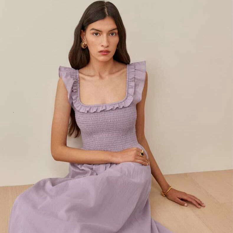 Fulllace Women Dress Vestidos Elegantes N669 Summer 2025 Taro Purple Square Neck Stretch Slim Fit Pure Cotton Small Flutter Sleeve Mid-length Dress