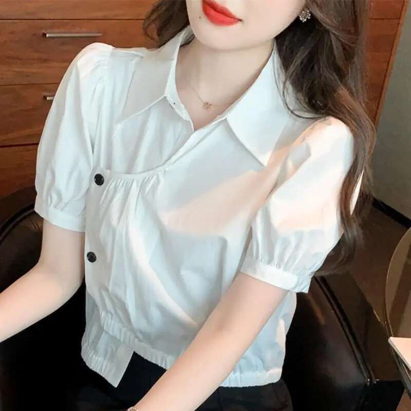 Clothes Kawaii Womens Shirt Blouse Cute Tops for Women Collar with Puffy Sleeves Button Up White Novelty 2025 Summer Novelties