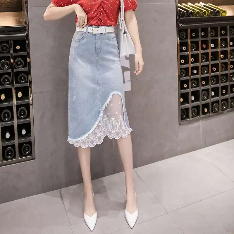 Jeans Skirts for Women Fashion Mesh Splicing High Waist Woman Denim Skirt Korean Style Luxury Elegant Y2k Vintage Clothing Sales