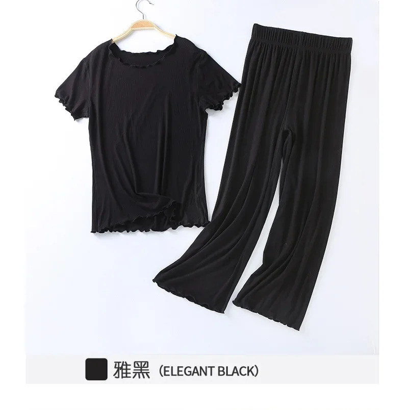Japanese summer ladies cotton modal short-sleeved nine-point pants suit home service suit womens large size home pajamas 250616