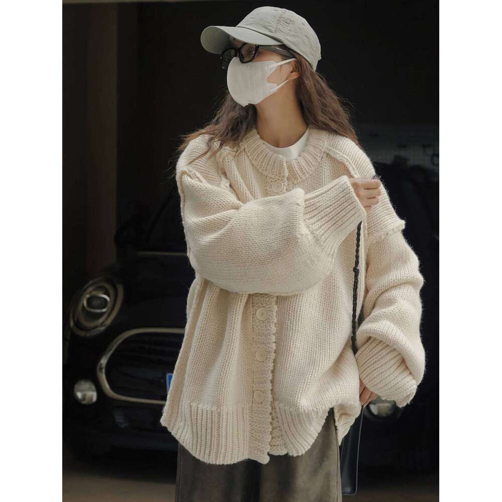 Autumn and Winter Women's Casual Solid Round Neck Long Sleeve Loose Cardigan Sweater