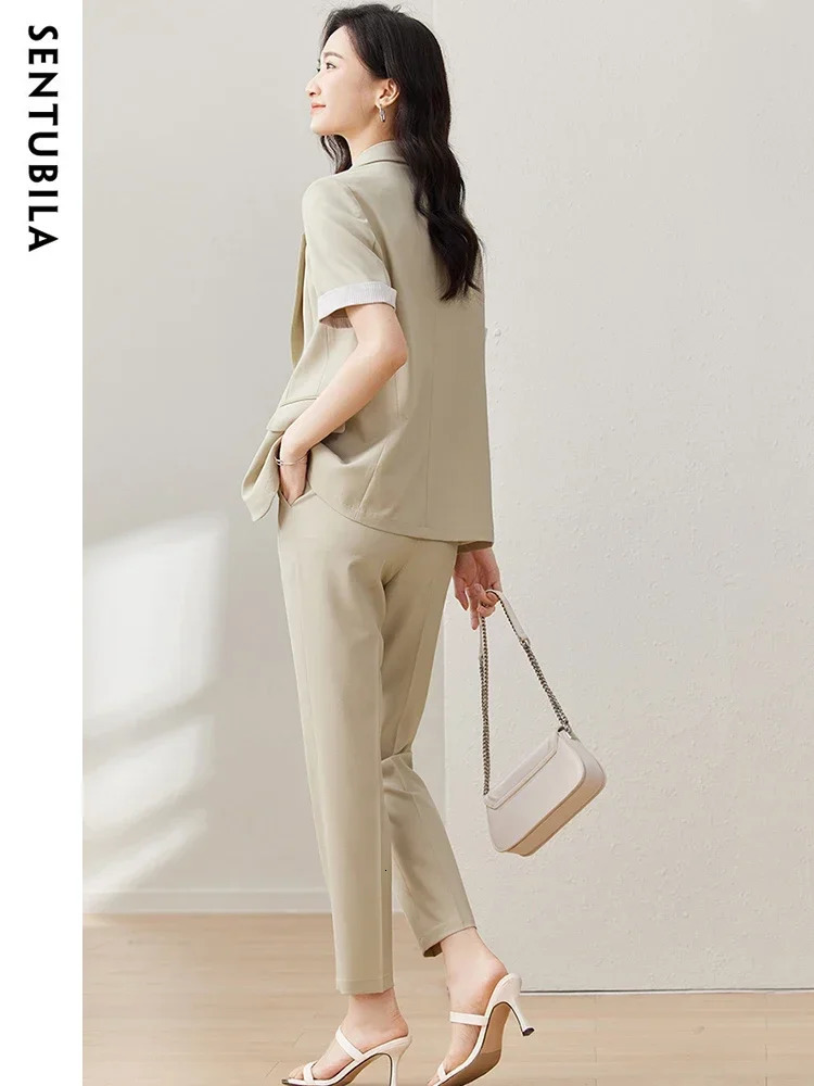SENTUBILA Summer Blazer Pants Suit Women Short Sleeve Jacket Pencil Cropped Pant Office Lady TwoPiece Set 132Z49796 250612