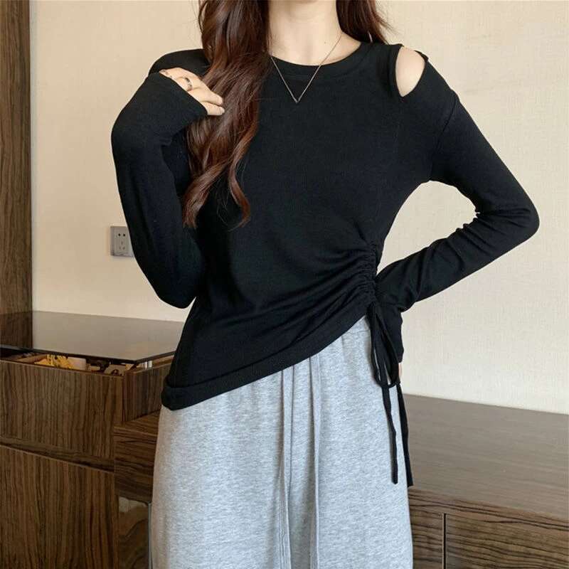 Slim Womens T Shirts 2025 Brown Clothes Off Shoulder Female Tops Plain Aesthetic Tshirts 90s Vintage New in Korea Stylish Tees