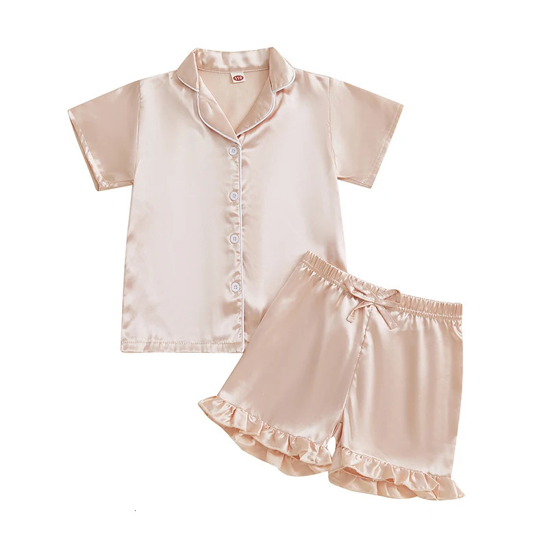 Pudcoco Infant Kids Baby Girls Summer 2Pcs Pajama Sets Short Sleeve Lapel Solid Color Shirt Shorts Sleepwear 1-10T 250617