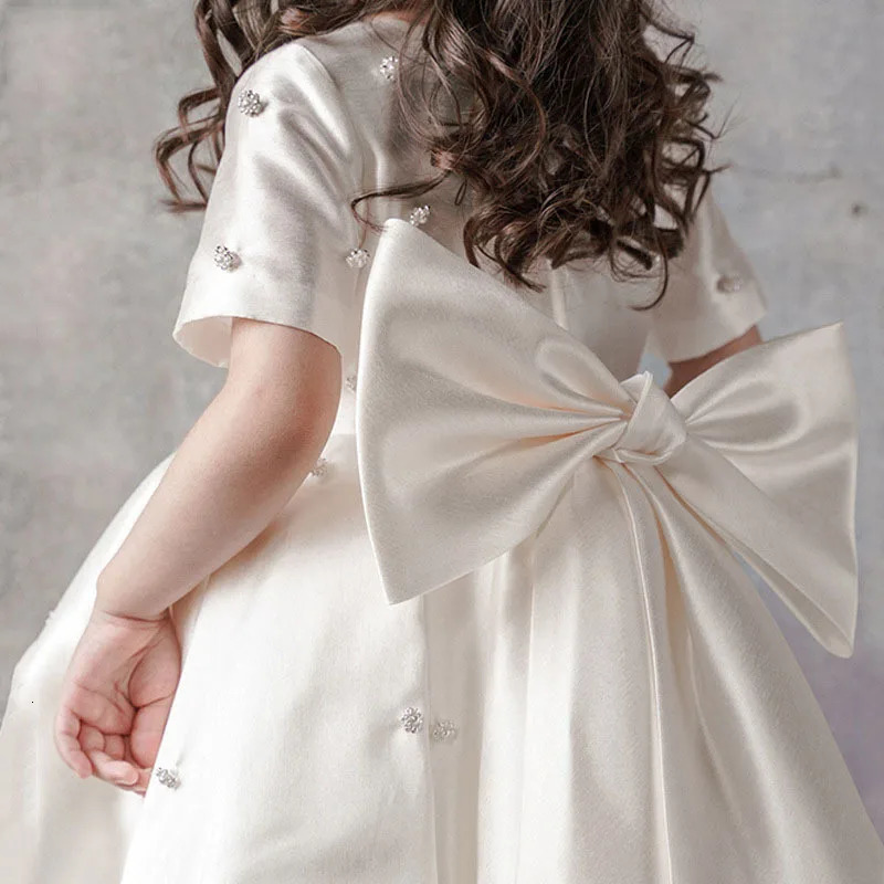 Baby Kids Princess Satin Bow Crystals Flower Girl Dress Children First Communion Dress Ball Gown Wedding Party Dress Birthday 250617