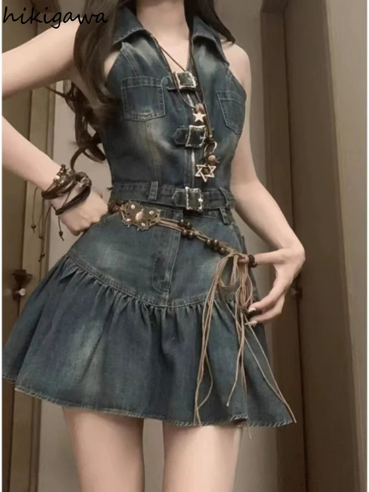 Fashion Two Piece Sets Women Clothing Sleeveless Zipper Y2k Tops High Waist A-line Mini Skirt Outfits Casual Summer Denim Set 250614